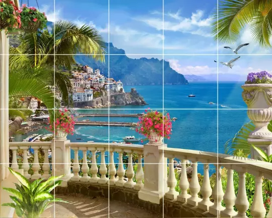 Mediterranean ocean view Italy villa harbor garden ceramic tile mural backsplash