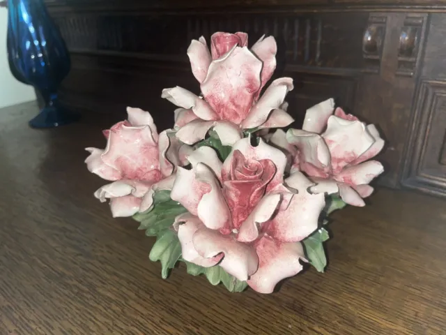 Large Nuova CAPODIMONTE CENTERPIECE Pink Roses In Basket Italy Handmade 8x8x8