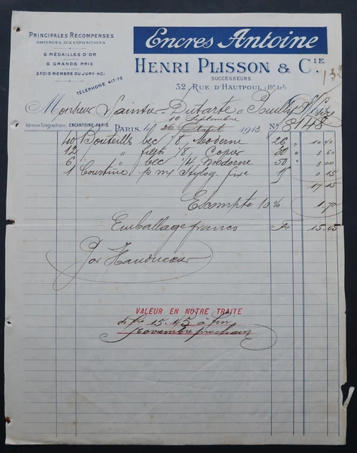 Facture THIERS 1913 coutellerie de busc PRULHIERE