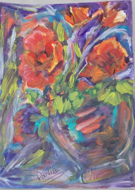 "Vibrant Poppies" in tilted vase mixed media watercolor & acrylic 11"X15"