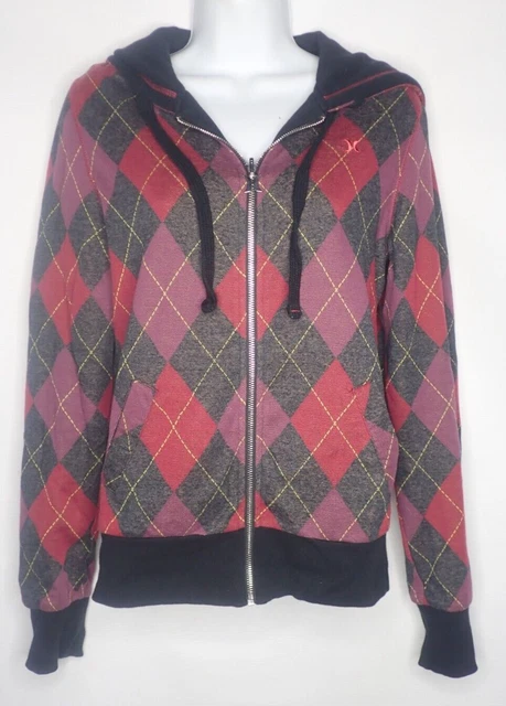 Junior Women M Hurley Zip Reversible Hoodie Argyle Purple drums Purple red black