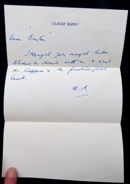 CLAUDE RAINS Autographed Signed Letter Handwritten to Buster Libbot, Sound Tech