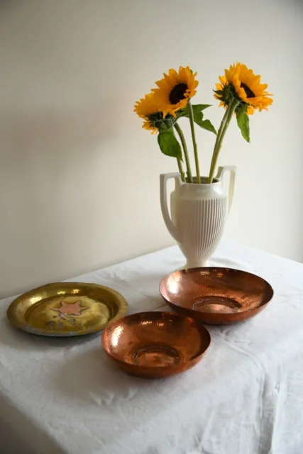 Arts & Crafts Brass Bowl and Pair Borrowdale Hammered Copper Bowls
