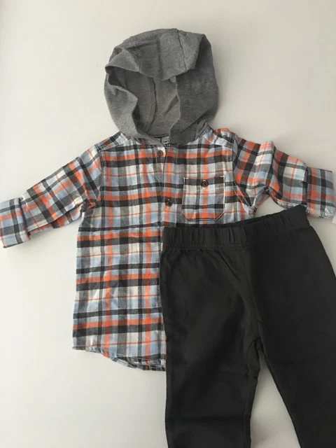 Carters Baby Boy Plaid Flannel Hoodie Jogger Pants set Size 18 24 Months Grey