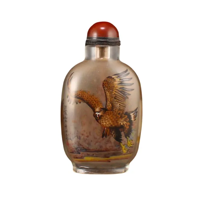 Chinese Peking Glass Inside Painting Eagle Snuff Bottle w Red Agate Stopper