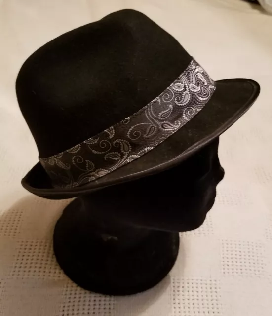 KATHY JEANNE Hat Black Wool Felt Fedora with Paisley Band Womens One Size