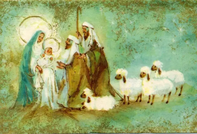 Vintage CHRISTMAS Greeting Card Mary Jesus Nativity Lambs Shepherd Mid Century