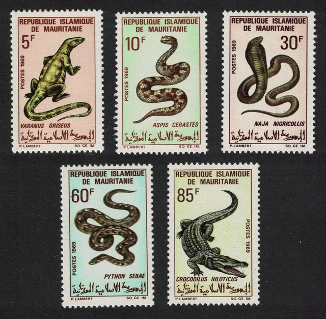 Mauritania lizard viper cobra python crocodile reptiles 5v 1969 mnh 5 