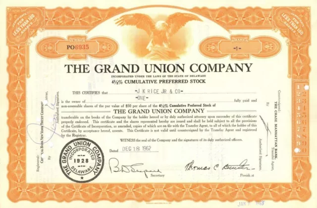 Grand Union Co. - 1950's-60's dated Super Market Chain Stock Certificate - Great