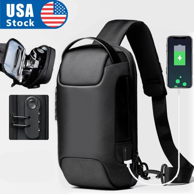 Mens Sling Backpack Waterproof Anti-theft Shoulder Crossbody Bag USB Port Pack