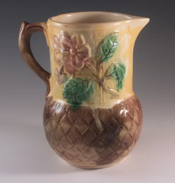 Majolica Basket Weave And Floral Yellow 6" Pitcher Jug Rare Antique