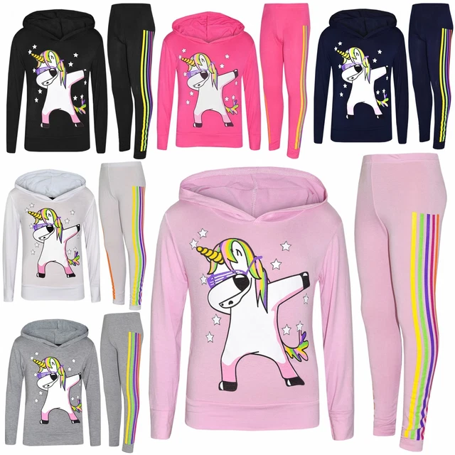 Kids Girls Rainbow Unicorn Dab Floss Hooded Top Legging Set Xmas Tracksuit 7-13Y