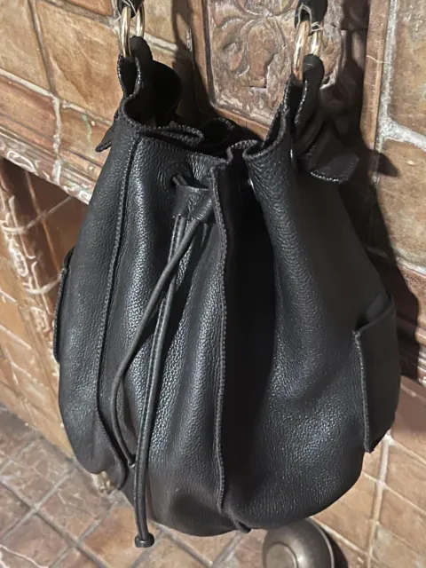 Vintage Sigrid Olsen Black Cowhide Leather Drawstring Bucket Bag