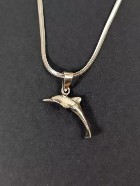 Sterling Silver Dolphin Pendant on Flat Chain Necklace with Clasp 925 16"