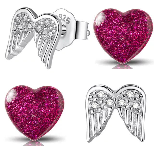 2x Ohrringe 925 echt Silber Engel-Flügel Herz kleine Ohrstecker für Mädchen Kind