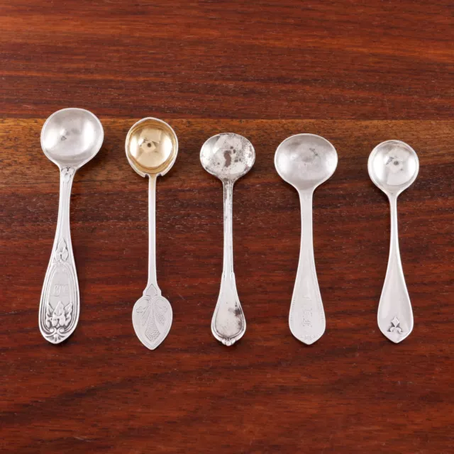 5 Watts & Harper,J Gray,Unmarked American Coin Silver Condiment Salt Spoons