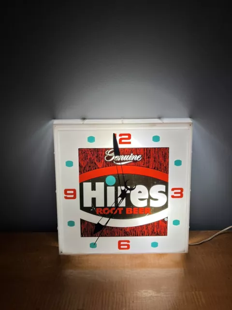 Vintage Hires Root Beer Advertising Lighted Clock Plastic -Works-