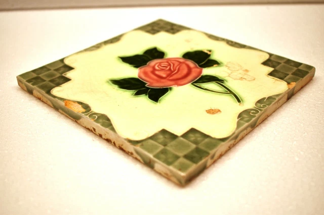 Antique Tile Japan Majolica Art Nouveau Porcelain Floral Rose Architecture "J60 3