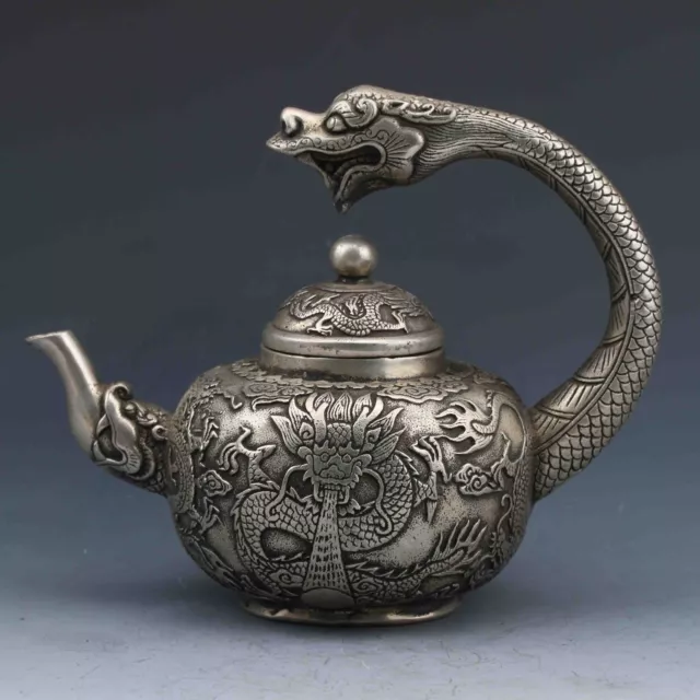 Collection Chinese Tibetan silver hand-carved dragon teapot w Qianlong Mark