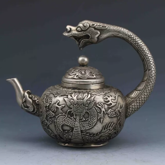 Rare Old Collection Chinese Tibetan Silver Hand-Carved Dragon Teapot