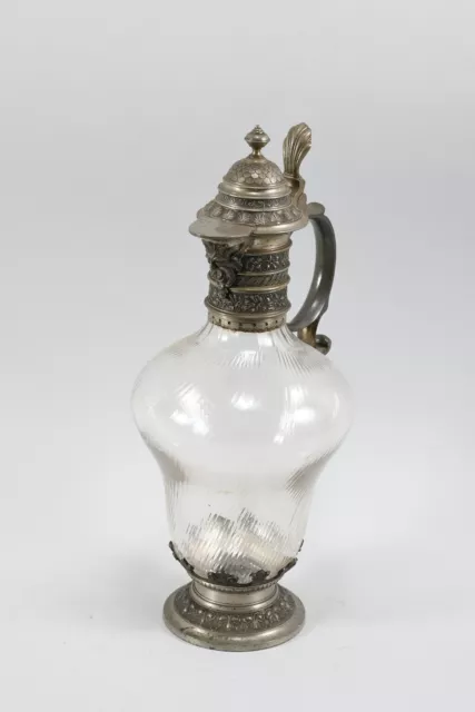 P15B15- Historismus Glas Krug/ Kanne mit Metallmontierung, um 1880