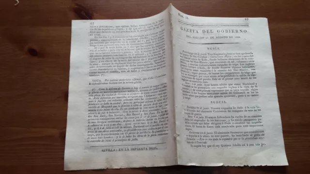 Núm. 11 Gazeta del Gobierno  del Sabado 26 de Agosto de 1809, Sevilla Lisboa....