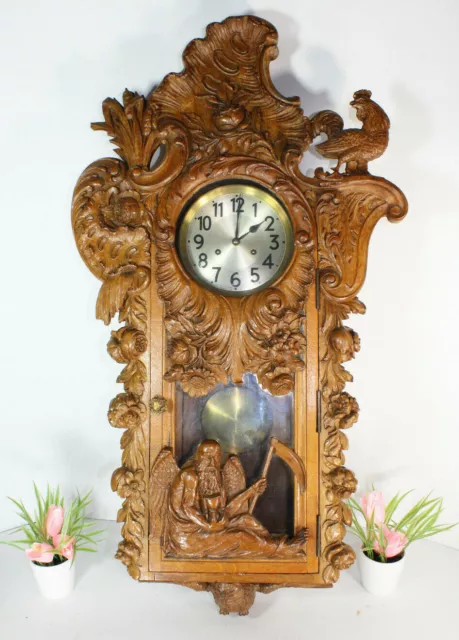 RAre XL Black forest wood carved father time owl rooster junghans wall clock