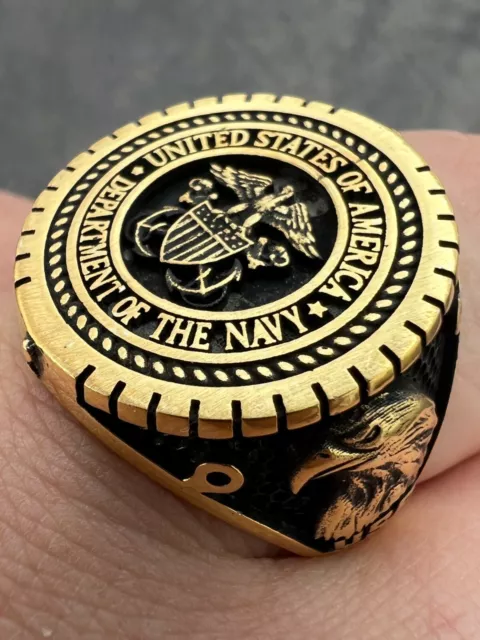 Mens 14k Gold Plated 925 Sterling Silver US Navy Military Sailor Army Ring 7-13