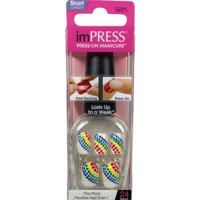 NEW Kiss Nails Impress Press On Manicure Short Gel White Blue Rainbow Pride
