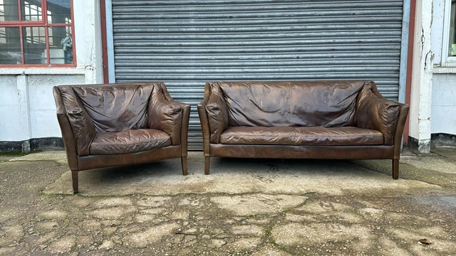 Timothy Oulton Halo Brown Reggio Leather Sofa And Armchair