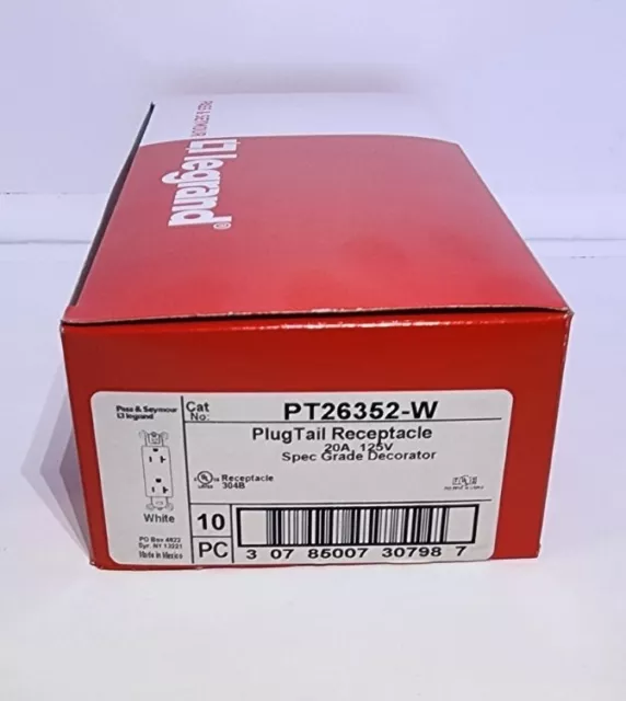Legrand PT26352-W Plugtail Outlet Duplex Receptacle Spec. Grade (Box of 10)