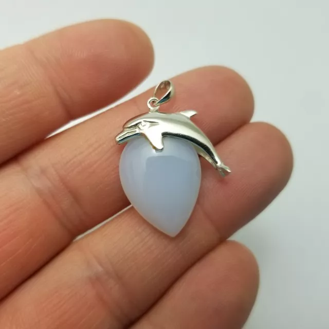 Solid Sterling Silver Opaline Glass Love Heart Dolphin Pendant 925 - 4.2g