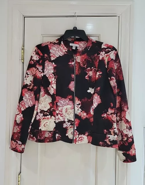 ROZ & ALI Size L Long Sleeve Crew Neck Full-Zip Floral Jacket Polyester/Spandex