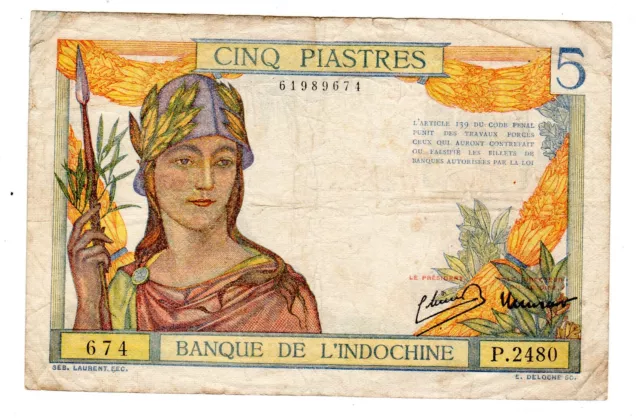 FRANCE INDOCHINE INDOCHINA FRENCH Billet 5 PIASTRES 1946-1949 P55 P.2480 674 VF