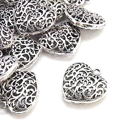 50pcs Tibetan Alloy Filigree Heart Pendants Nickel Free Silver Dangle Charm 35mm