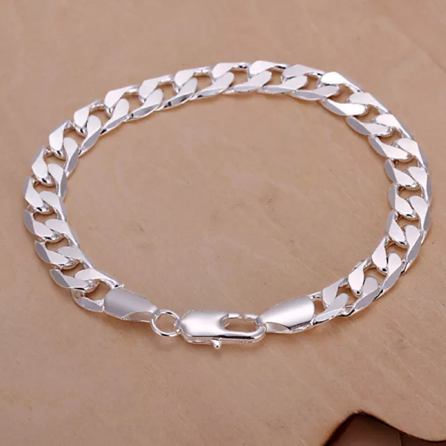 925 Sterling Silver Filled Classic Women's 8MM Solid Curb Chain Bracelet Bangle