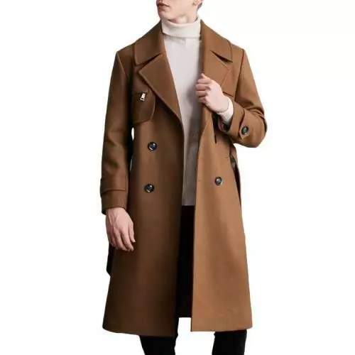 Mens British Long Wool Trench Coat Belt Double Breasted Slim Business Overcoat