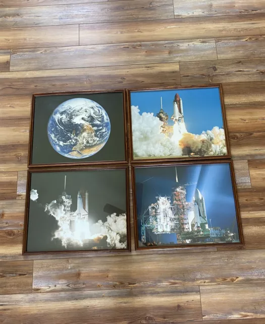 4 Space Shuttle Launch Take Off Photo Art Prints Brown Wood Framed Poster 20x16.