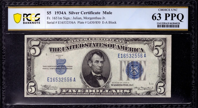 1934 A $5 SILVER CERTIFICATE NOTE FR.1651m MULE EA BLOCK PCGS B CU 63 PPQ