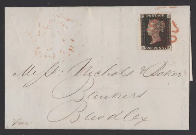 GB 1840 1d Penny Black on Cover, 4 Margins, Plate2