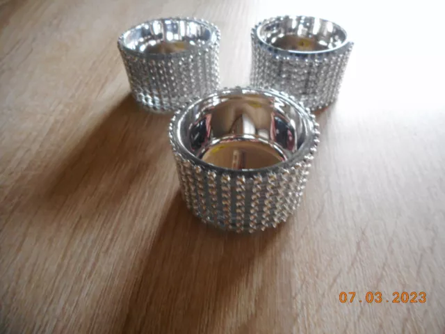 Teelichtglas   Teelichthalter  3er-Set silber strukturiert 5x3 cm mit Ziersteine