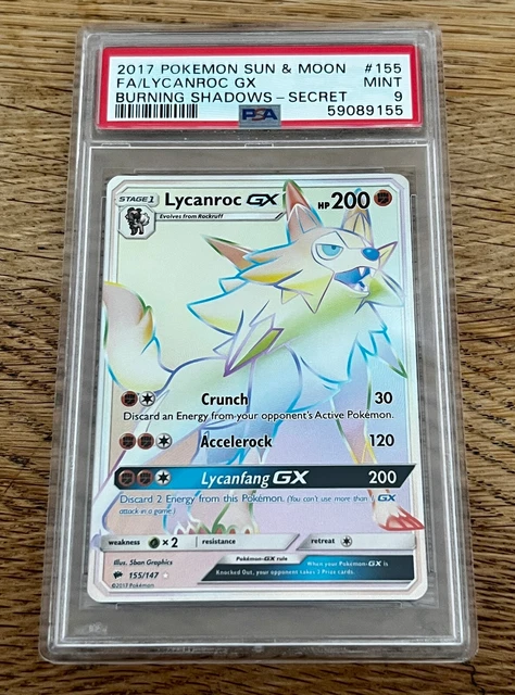 Lycanroc GX Pokemon Card Burning shadows 155/147 Secret Rare PSA 9 MINT
