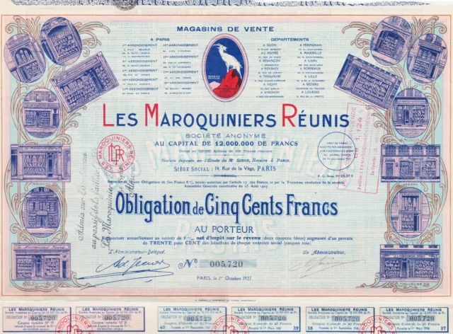 Les Maroquiniers Reunis - Obligation De 500 Francs 1927 - France