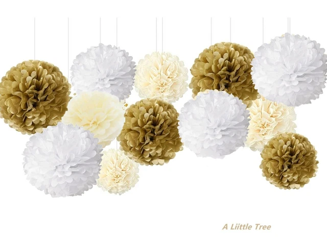 12 Stck. Weißgold Elfenbein Stoff Papier Bommel Bommel Bommel Geburtstag Hochzeit (8 Zoll + 10 Zoll)
