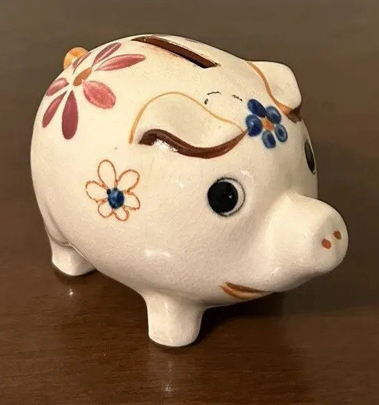 Vintage Small Ceramic Piggy Bank Hand Painted Flowers Japan No Bottom Hole EUC