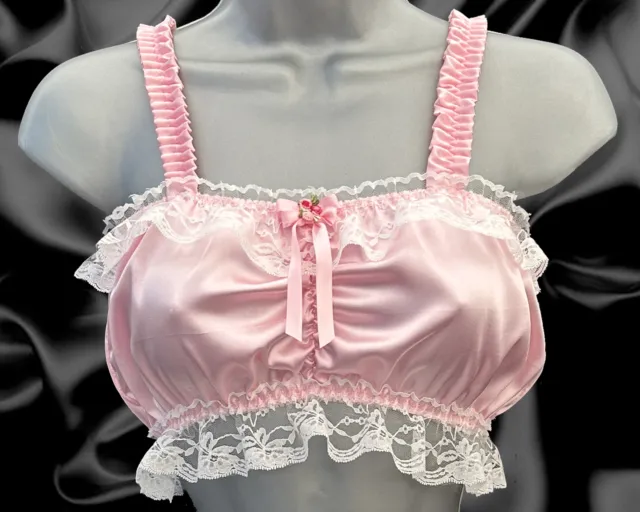 Baby Pink Mens Sissy Satin Frilly Lacy Fitted Pull On Bra Camisole Bralette