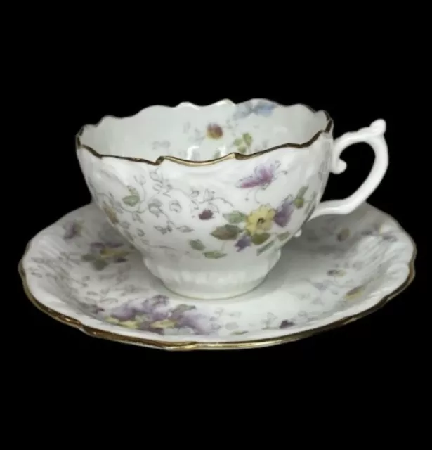Taza de té y platillo antiguo de flores amarillas lavanda Elite France 5,5"" con 2,5 valles