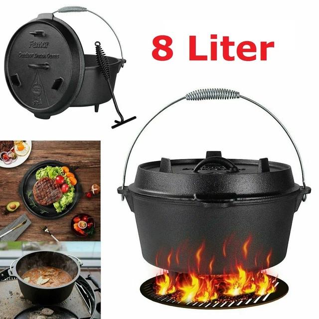 Gusstopf Dutch Oven Feuertopf Gusseisen Schmortopf f. Lagerfeuer BBQ Deckelheber