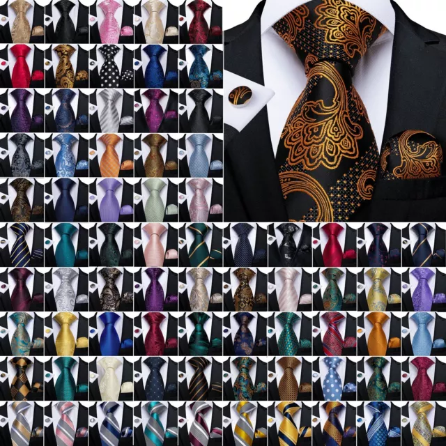 UK Black Gold Paisley Silk Tie Set Mens Necktie Pocket Square Cufflinks Wedding