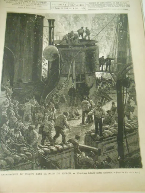 Gravure 1875 - Catastrophe du Magenta dans la rade de Toulon Equipage incendie